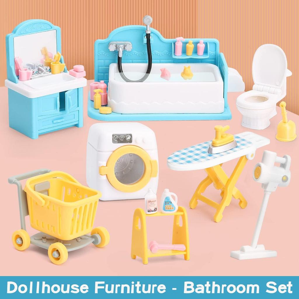 Puppenhaus-Möbelset für Kinder, Badezimmer, Küche, Kühlschrank, Waschmaschine, Wäscheset, Zubehör, Rollenspiel-Möbelspielzeug