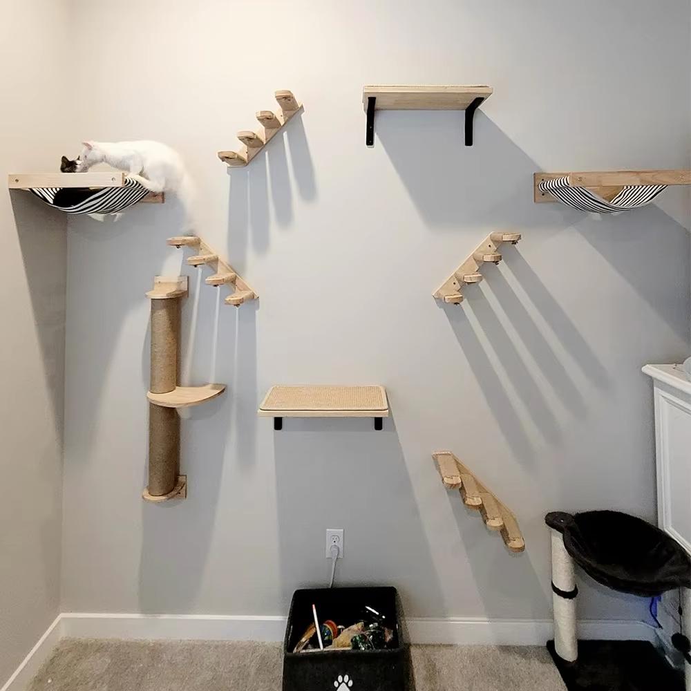 Wandmontiertes Möbelstück Katzen-Aktivitätszentrum Holz-Sisal-Kratzbaum Kletterer & Brücke mit Seiltreppen für Kätzchen und erwachsene Katzen