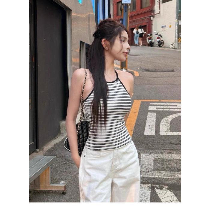 Women s Striped Slim-Fit Halter Tank Top - Summer Casual & Versatile Fashion Small белый