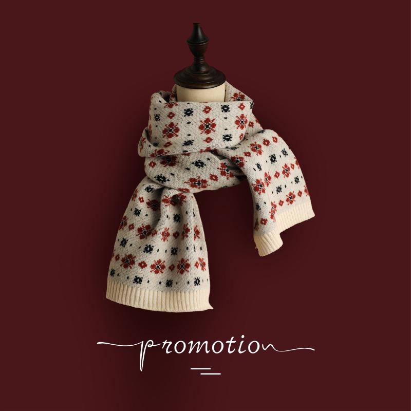 Versatile Christmas Knitted Wool Red Scarf Deer Elk Print Snowflake Warm Personality Couple Scarf Student