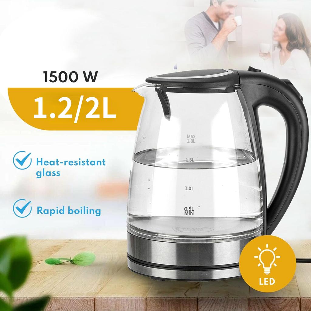 1500W Speed Boil Water Electric Kettle 220V Coffee & Tea Kettle Borosilicate Hot Water Kettle Auto Shut-Off 1.2L 2L