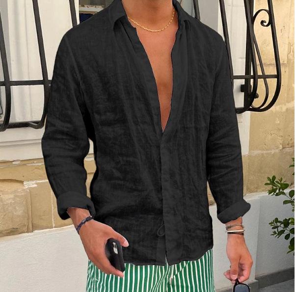 Men's Long Sleeve Linen Beach Shirt - Solid Color, Casual, Turn-Down Collar, Spring/Summer Wear