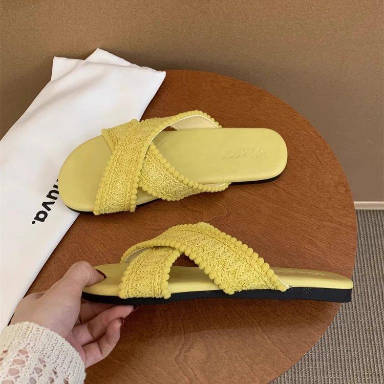 

Bohemian woven slippers female summer wear new skirt fairy sandals seaside vacation soft flat beach shoes 35