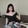Summer Irregular Neck Collar Off-the-shoulder T-shirt Women's Fashion Chic Drawstring Strap Pleated Spice Top Ins