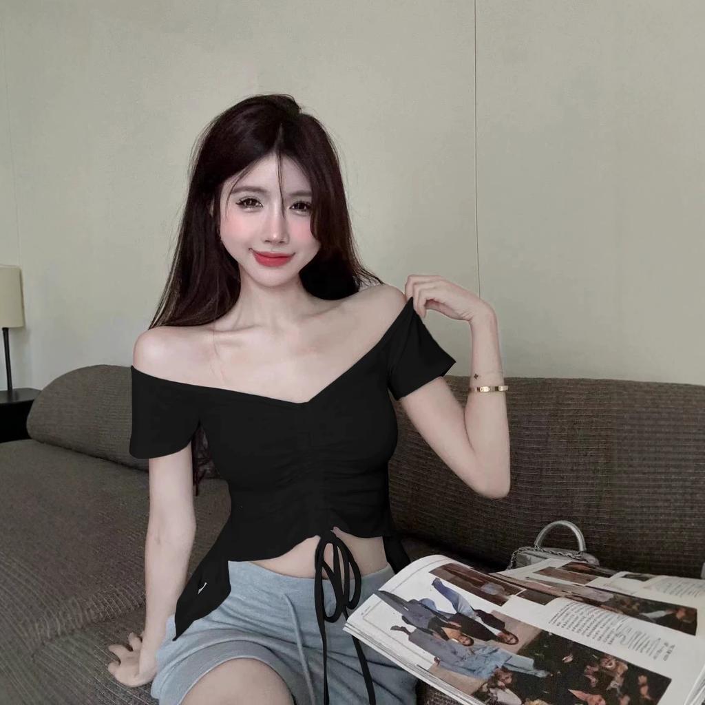 Summer Irregular Neck Collar Off-the-shoulder T-shirt Women's Fashion Chic Drawstring Strap Pleated Spice Top Ins