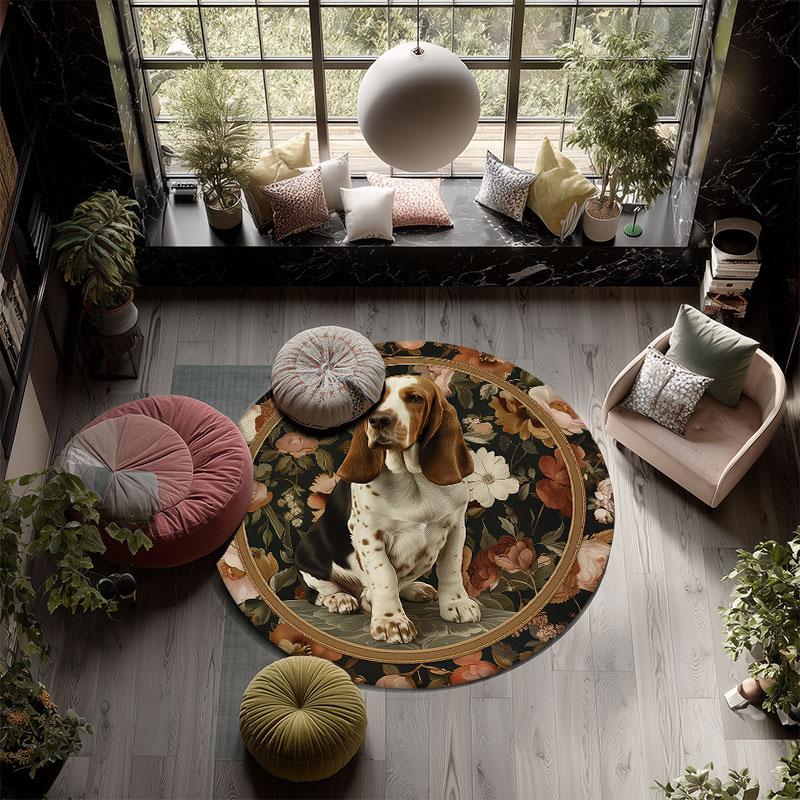 Dogs & Vintage Flowers Pattern Round rug,Carpet Rug for Living Room Bedroom Playroom ,Non-slip Floor Mat,Holiday Gifts and Birthday Gifts.