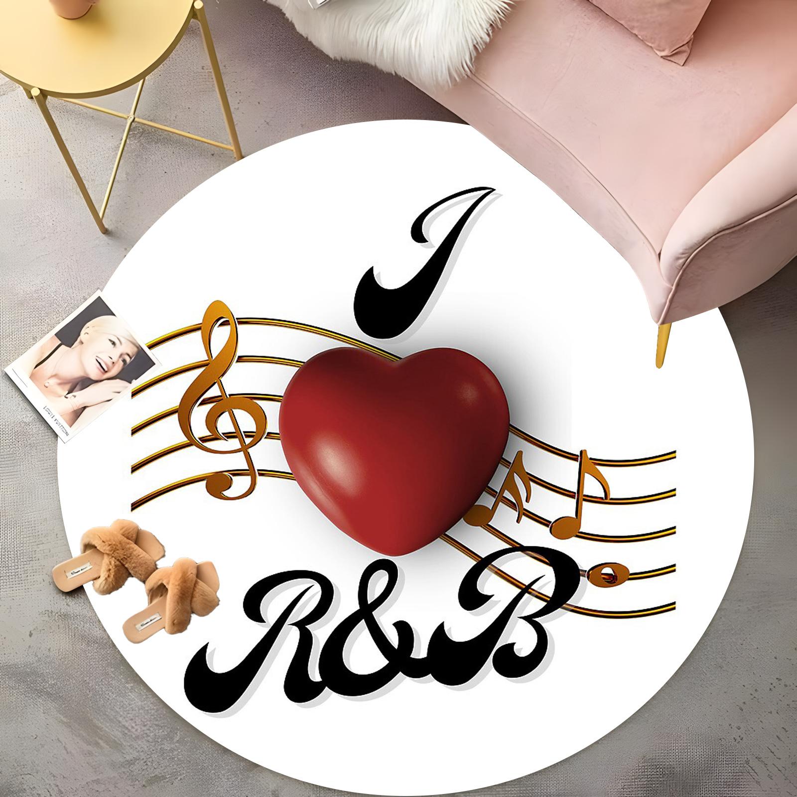 

Modern R&B Love Round Rug - White Carpet with Gold Music Notes & 3D Red Heart, Minimalist Living Room Decor, Non-Slip Floor Mat 60cm