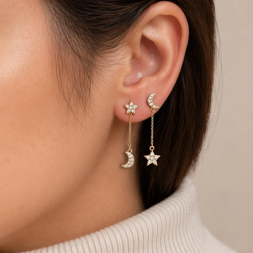 Delicate Moon and Star Link Chain Dangle Stud Earring Jewelry for Women Long Tassel Chain Link Moon&Star Paved CZ Earring