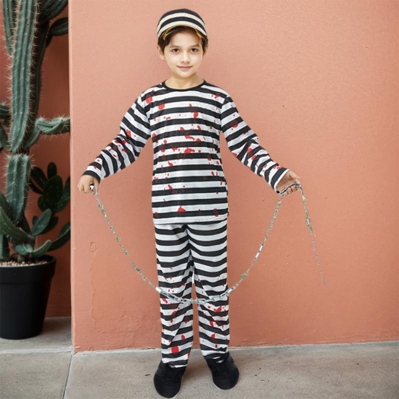 Kids Halloween Prisoner Costume Set With Faux Plastic Chain And Striped Hat For Cosplay Role Play Party