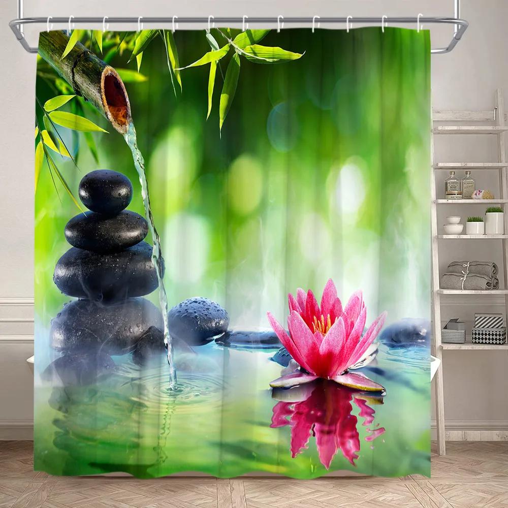 Zen Shower Curtain Landscape Green Bamboo River Lotus Stone Purple Orchid Plant Leaf Polyester Fabric Bathroom Decor Curtain