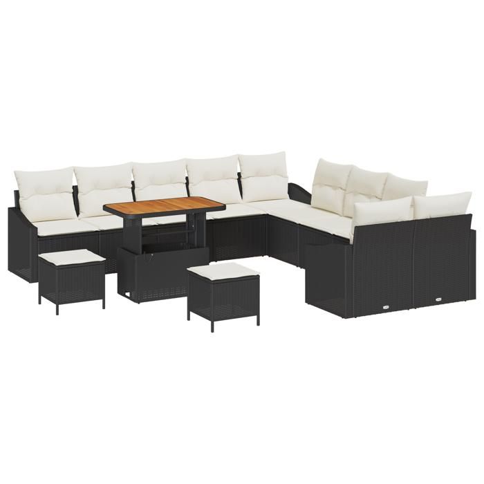 Ensemble de canapé de jardin vidaXL 13 pièces avec coussins noir rattan poly acacia, Sofa de jardin 2 places vidaXL 3362715