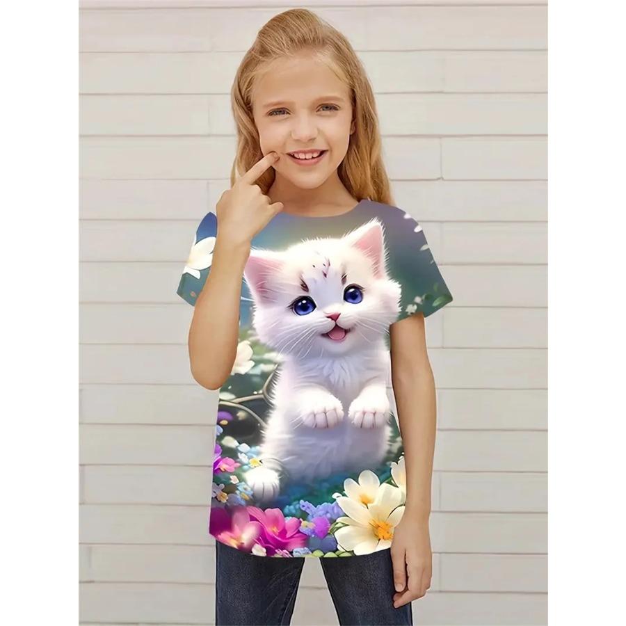 New Girl Garden Cats 3D Printing Short Sleeve T-Shirt Trendy Novelty Tees For Kids Party Fun Daily T Shirt Girls Tops Clothing