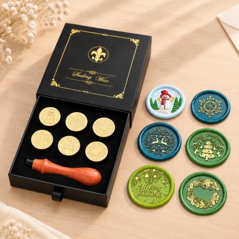 Decorative Wax Seal Stamp with Metal Components and 6 Round Design Disks for Gift Wrapping, Journaling, and Scrapbooks