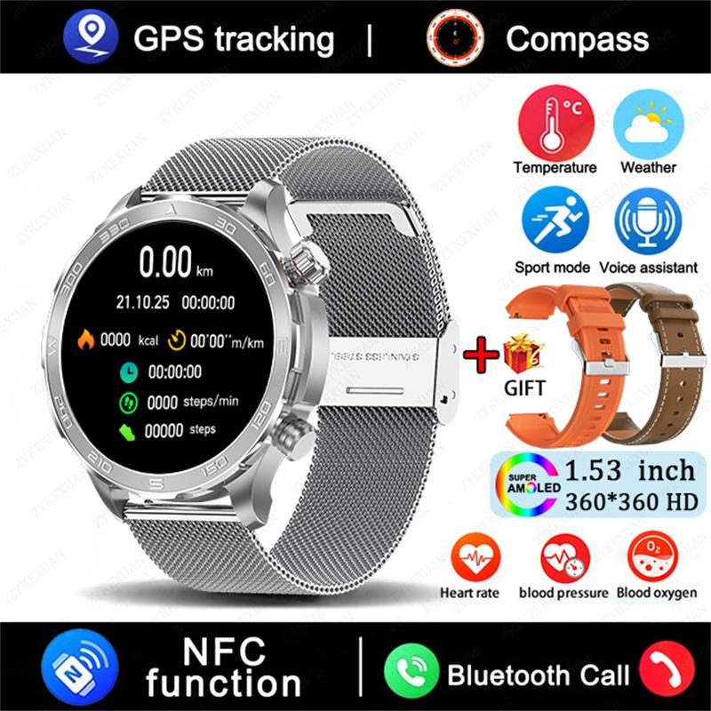 GPS Track Smart Watch AMOLED Screen Always Show Time Sports Fitness Heart Rate IP68 Waterproof Compass Call  New Smartwatch