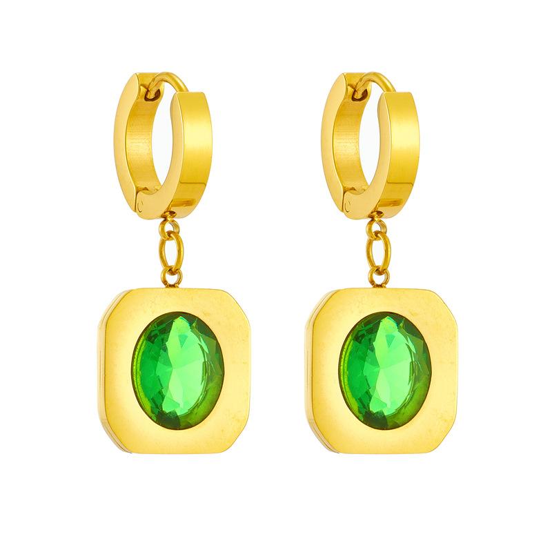 Gold Plated Green Stone Drop Earrings with Square Pendant