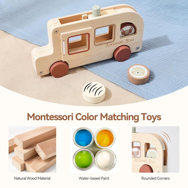 1PC Wooden Bus Toy Montessori Hand-pushed Car Baby Hand-eye Coordination Exercise Toys Parent-child Interactive Games Baby Gifts