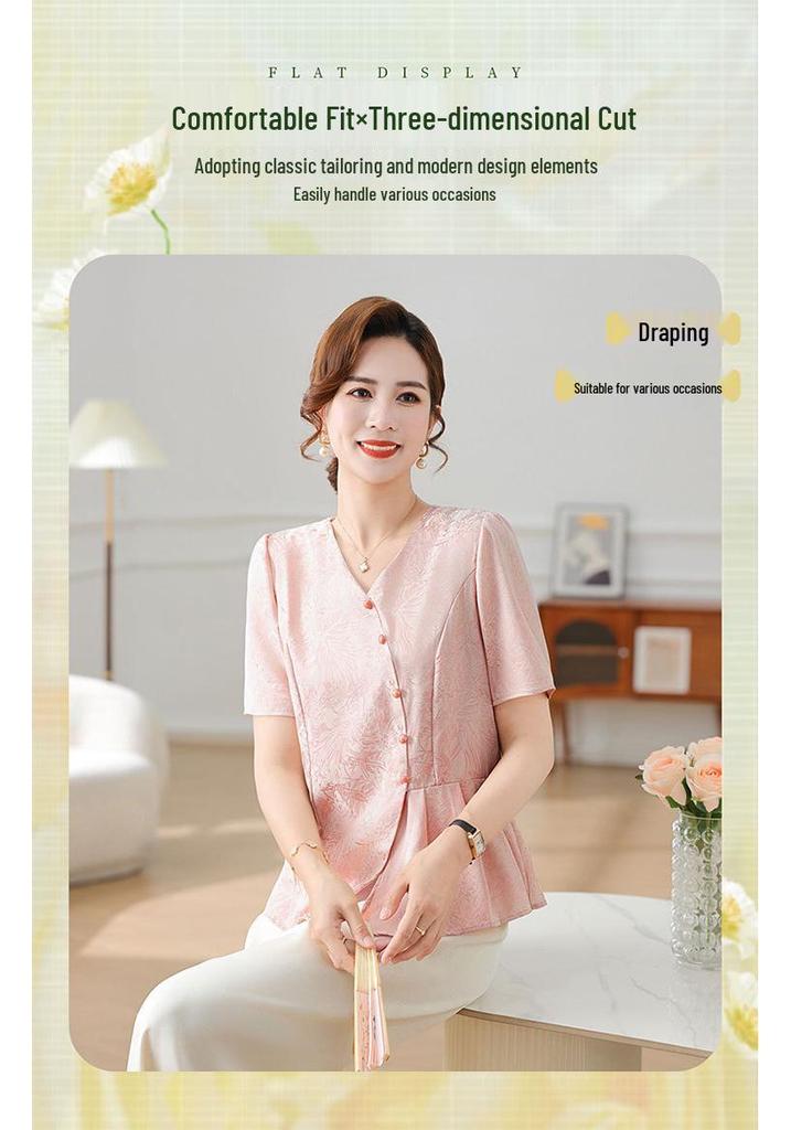 Stylish V-Neck Blouse for Middle-Aged Women - Elegant Summer Short-Sleeved Top 2026 Collection