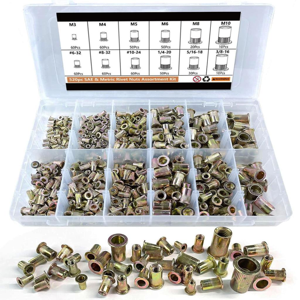 520Pcs830pcs Carbon Steel Male and British Color Zinc Rivet Nut Set Vertical Flat Head Rivet Nut
