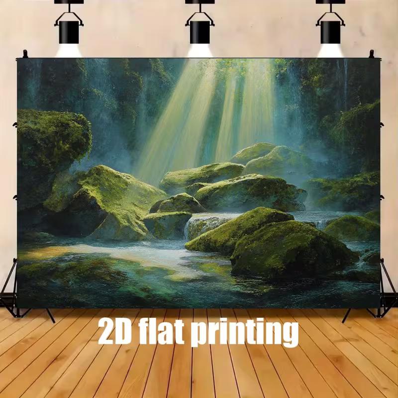 2D Enchanted Forest Waterfall Backdrop Magical Sunbeam Nature Background for Events
