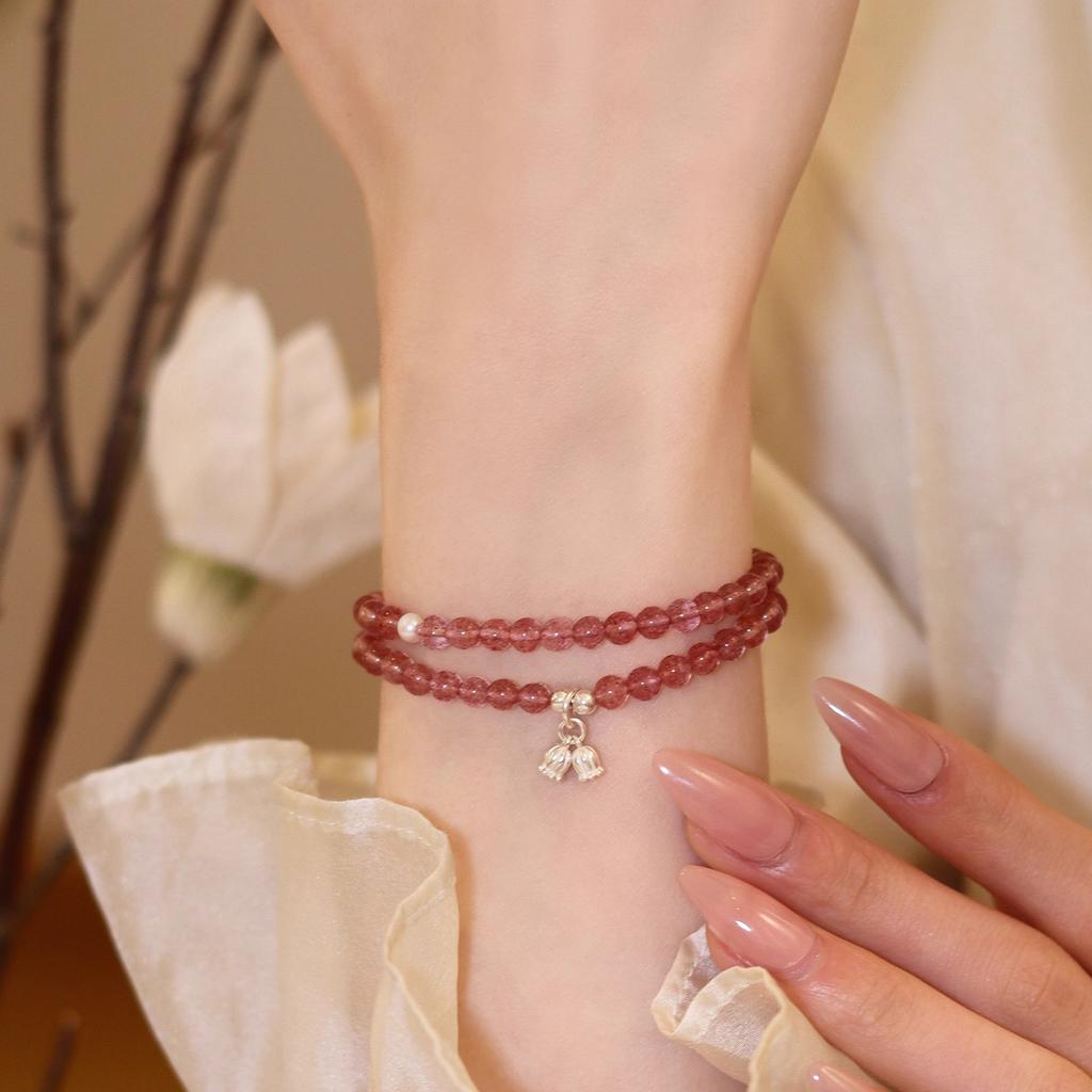 Natural Strawberry Crystal Double Circle Bracelet, New Chinese Style Alloy Lily of the Valley Chinese Culture Bracelet, Qixi Festival Gift, New