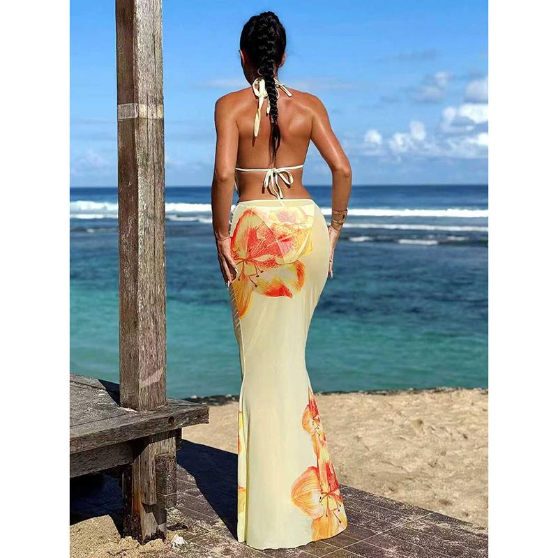 New Flower Print Bikini Set Women's High Waist Long Skirt 3 Piece Swimsuit Sexy Mini Triangle Backless Thong Bathing Suit