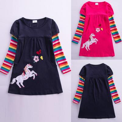 Toddler Kids Baby Girls Long Sleeve Cartoon Horse Stripe Princess Party Dress