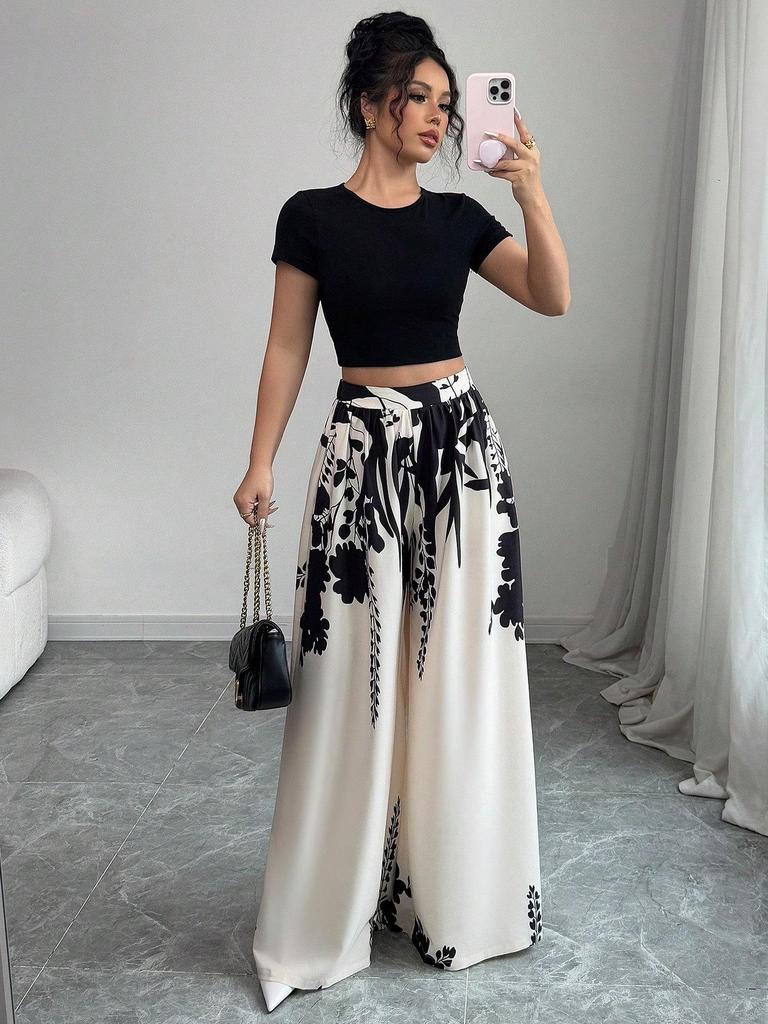 2025 Summer Women's Ink Print Mid-Waist Wide-Leg Straight Pants