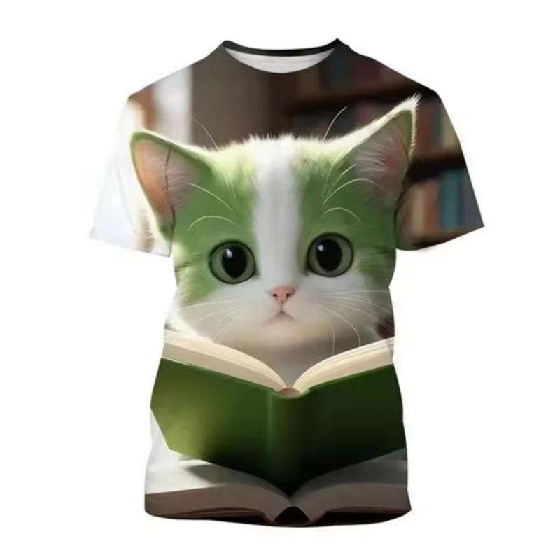 Fashion Korean Kids Clothes Cute Cat Print Tees Children's T-Shirt Girls Summer Clothes Kawaii Crew Neck Junior Girls' Clothing