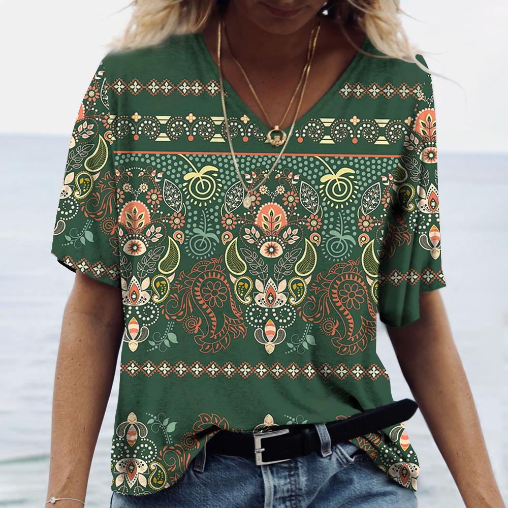 

Летний топ с V-образным вырезом, 3D, винтажный, с этническим принтом, модный, повседневный, в богемном стиле, женская футболка с короткими рукавами S