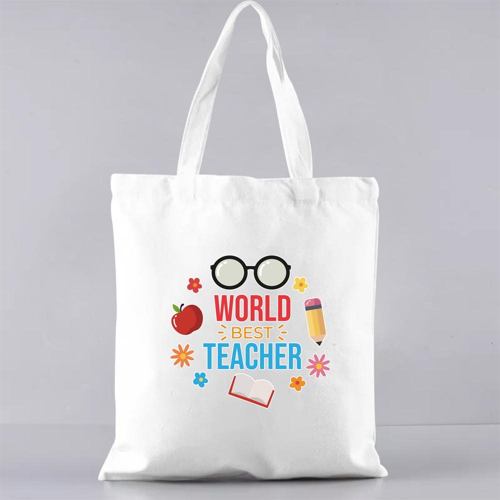 Fashion Shopping Bag Handbag Commuter Casual Shoulder Bag Reusable Canvas Bag White Cartoon Teacher Pattern Printing Tote Bag