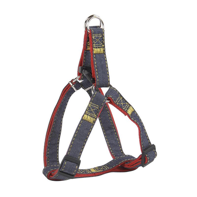 Denim-Stitched Dog Harness and Leash Set with Collar
