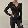 Women Tops V-Neck Long Sleeve Hollow Embroidery Lace Design Pullover Tops Pure Color Slim Fit Mesh Detail Blouse Daily Wear