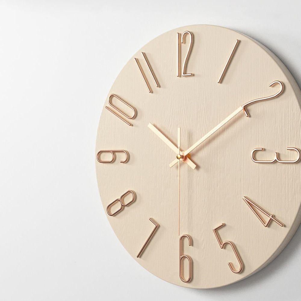 Elegant 12inch Wall Hanging Clock Round Shape 3D Number Wood Grain Clock Silent Easy Installation Scale Clock Office