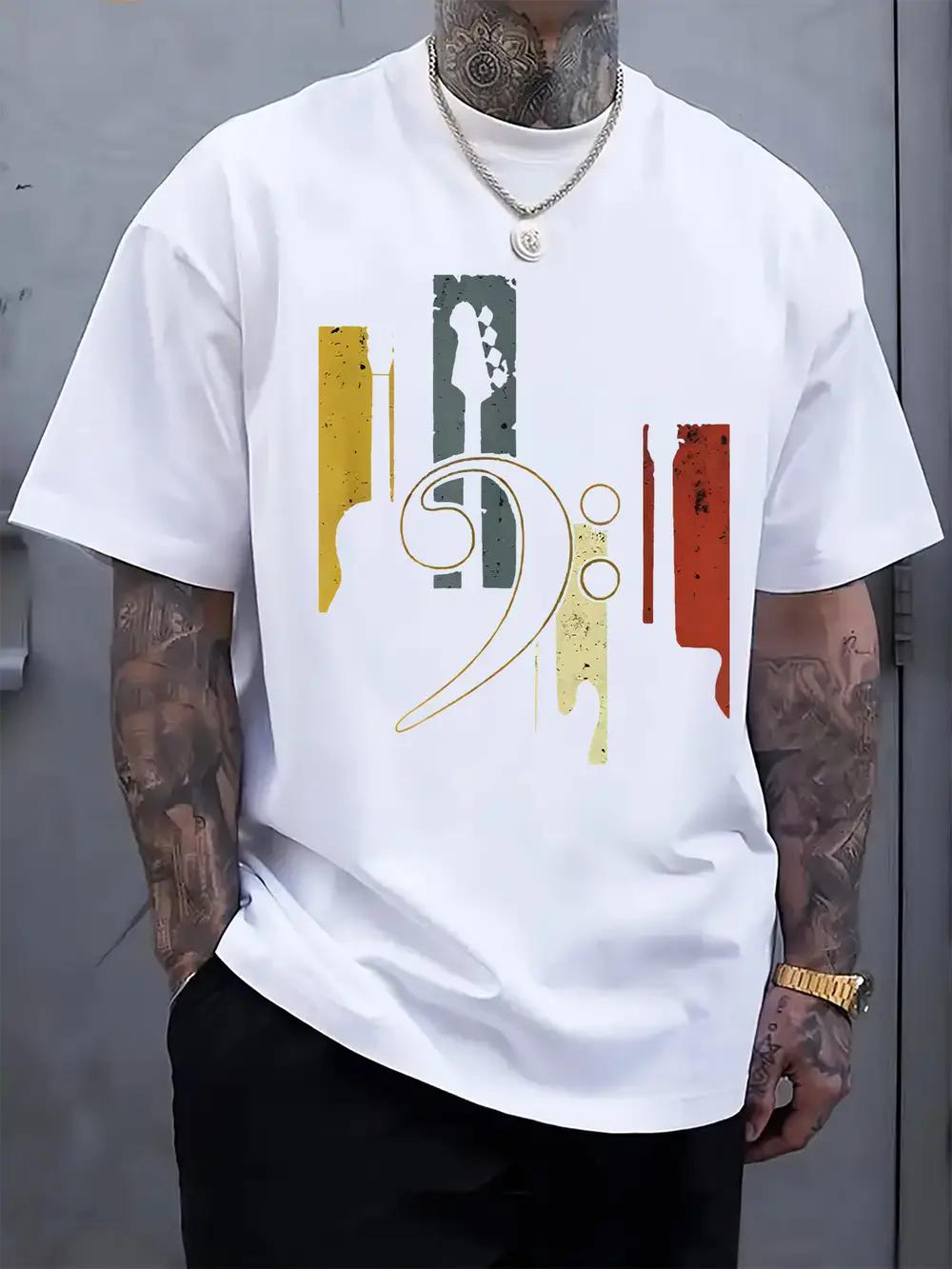 Casual Crew Neck T-shirt with Abstract Musical Elements Print XXXL