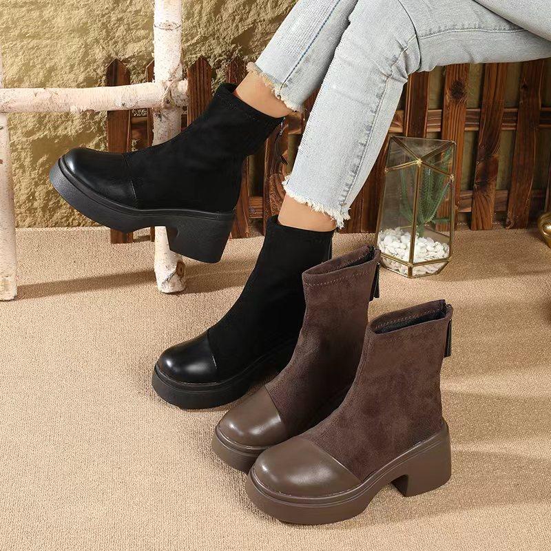 New Women'S Platform Boots For Petite- Chunky Heel Ankle Boots With Rear Zipper , Retro Style Fall/Winter Booties