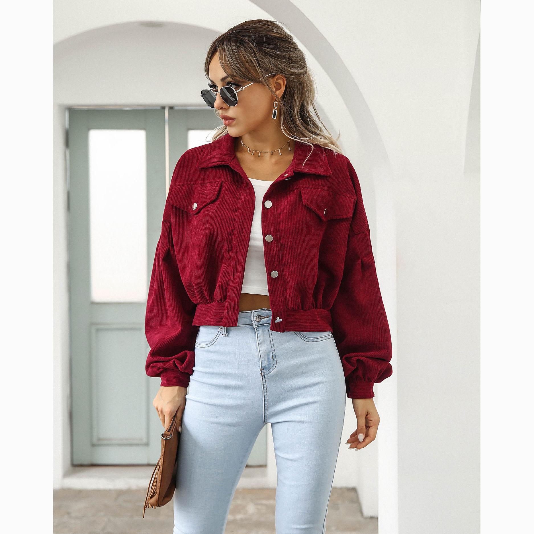 

Женская повседневная куртка с лацканами, однобортное короткое пальто с рукавами-фонариками XS вино красного