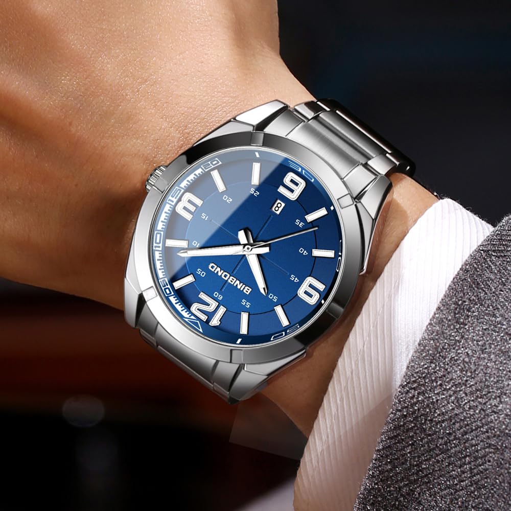 BINBOND Fashion Business Men Watches Stainless Steel Trend Week Calendar Quartz Watch Luminous Waterproof Quartz Watch for Men