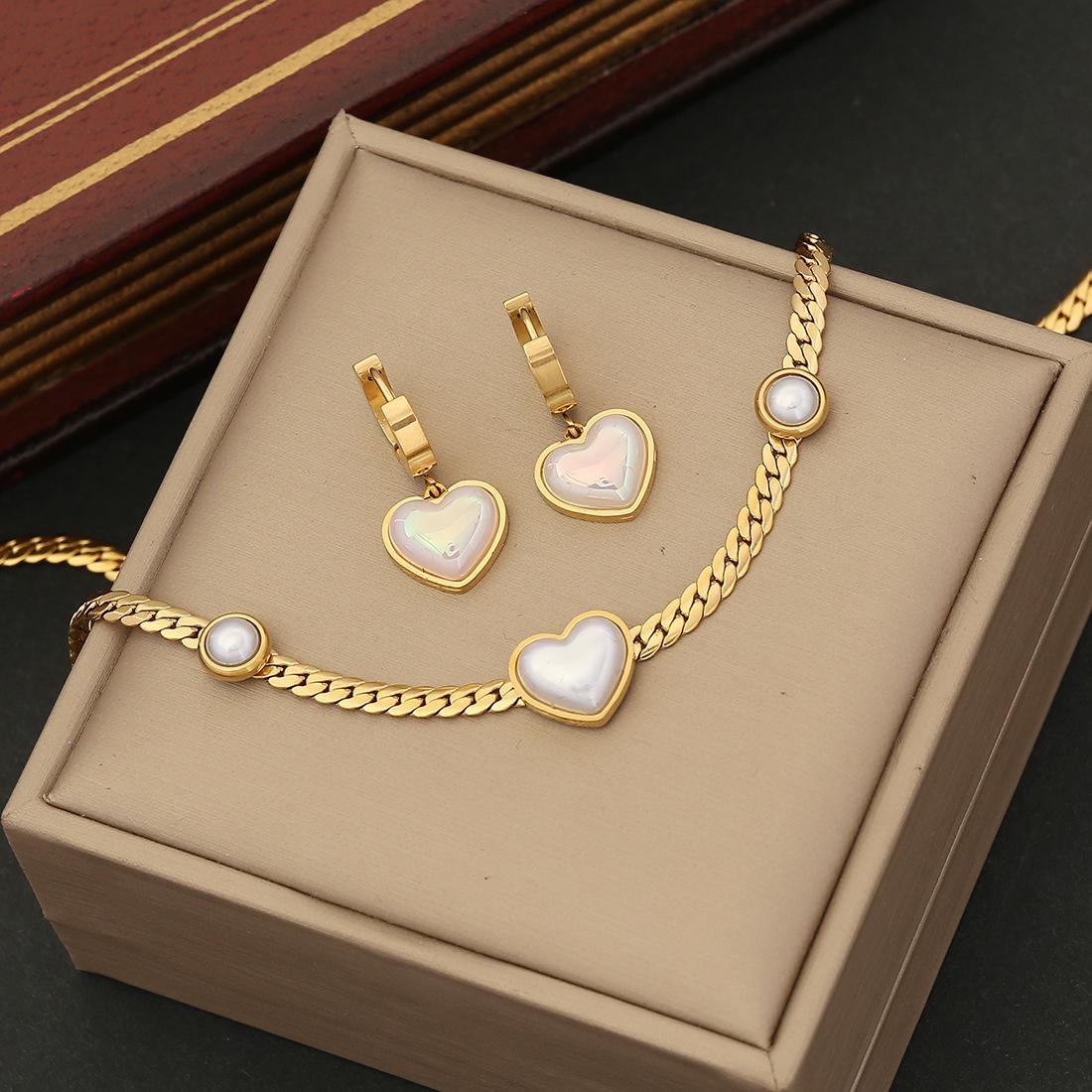 Gold Plated Stainless Steel Mother of Pearl Heart Jewelry Set (Bracelet & Earrings)