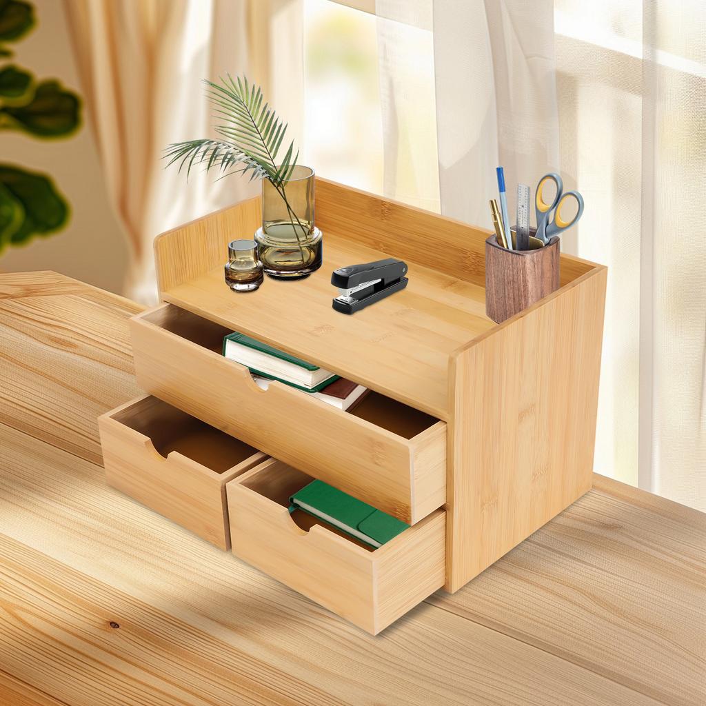 Bymaocar Bamboo Harmless Desk Storage Box W/ 3 Drawers,2-layer Office Supplies Storage Organizer,Study Room Decorative Bookshelf