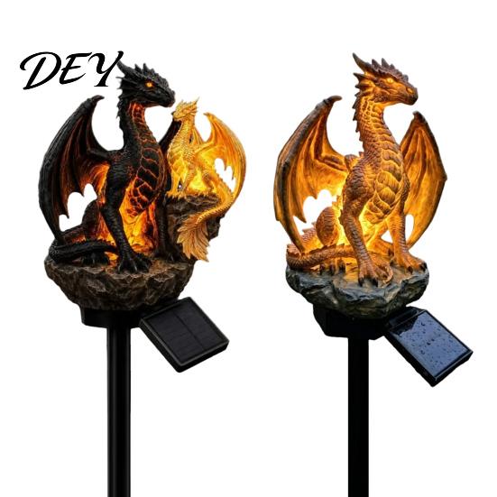 Solar Powered Lawn Decoration Dragon Garden Light, Outdoor Gothic Medieval Statue Lamp, Waterproof Walkway Illumination Resin Sculpture for Patio Yard