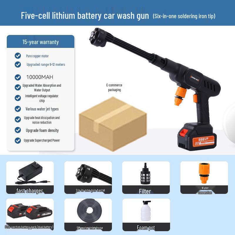 Portable Wireless Lithium Battery Car Washer: 10-Setting High-Pressure Water Gun with Six-in-One Head