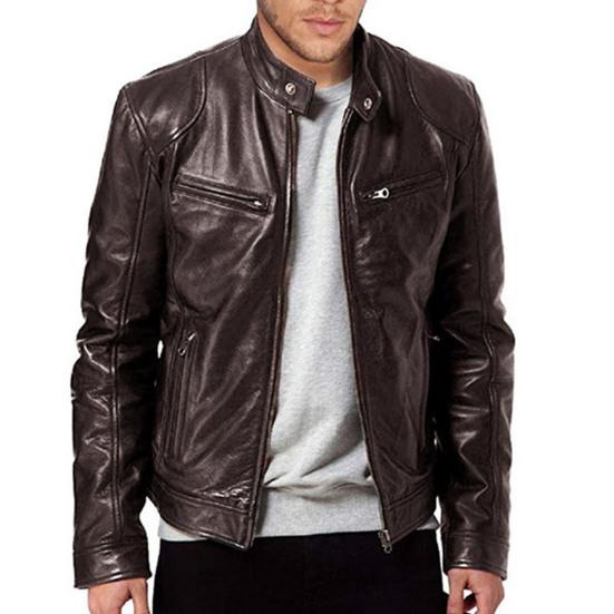 Solid Color Zipper Closure Men Jacket Faux Leather Stand Collar Multi Pockets Motorcycle Windbreaker Outerwear