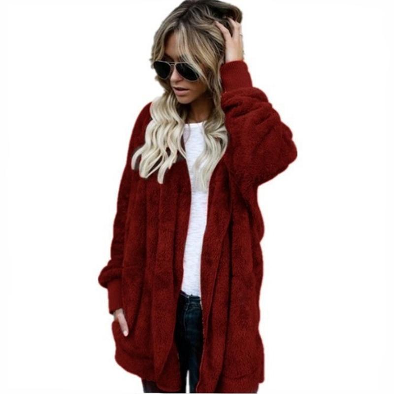 Autumn Winter Double Fleece Cardigan Jacket Women Solid Color Long Sleeve Plush Warm Hooded Lady Jacket Oversized Outerwear