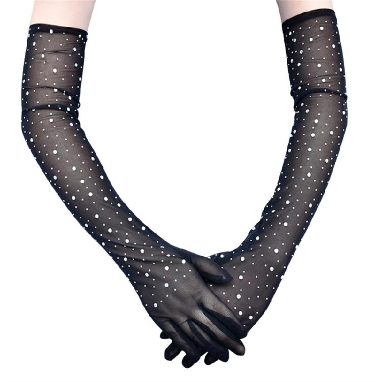 Long Mesh Gloves with Sparkling Rhinestones Drilling for Women Elegant Cocktail Party and Night Event Dressingup