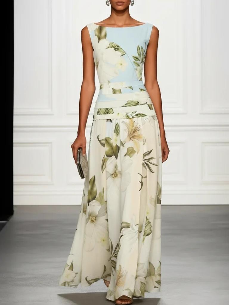 European and American summer 2026 sexy v-neck retro flower print women's dress sleeveless backless waist dress