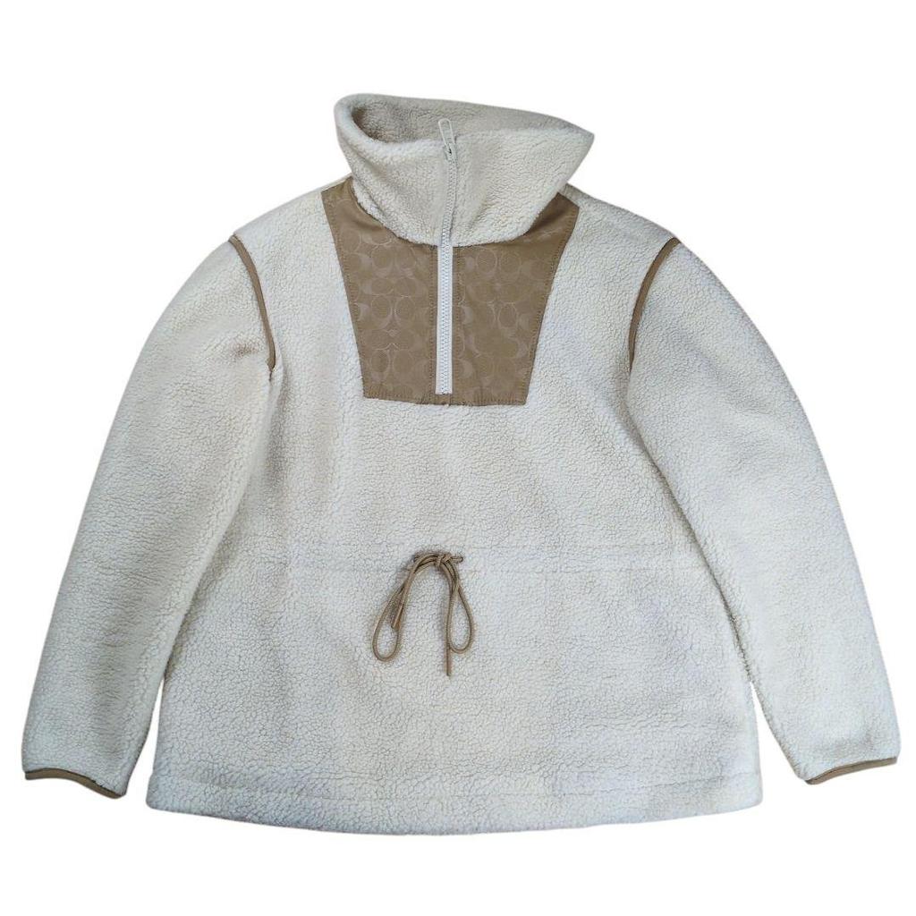 Coach Signature Pattern High Neck Fleece Boa Jacket Ivory Size S Mens