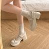 Scarpe Mary Jane francesi retrò con tacco alto da donna 2025 nuove estive con fiocco marroni punta tonda stile britannico scarpe in pelle piccola