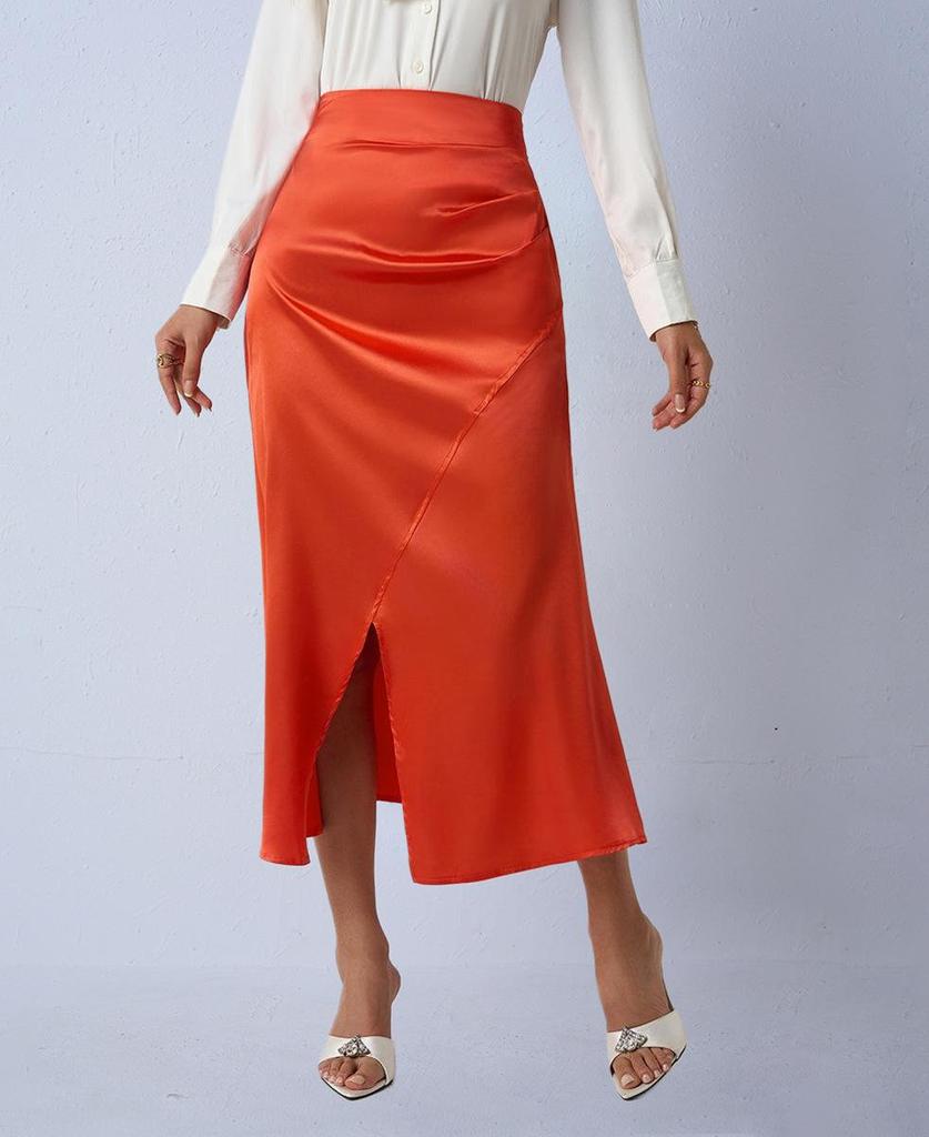 European & American Women's Satin Midi Skirt - Autumn Pleated, Slit Fishtail, Hip-Hugging Design with Zipper