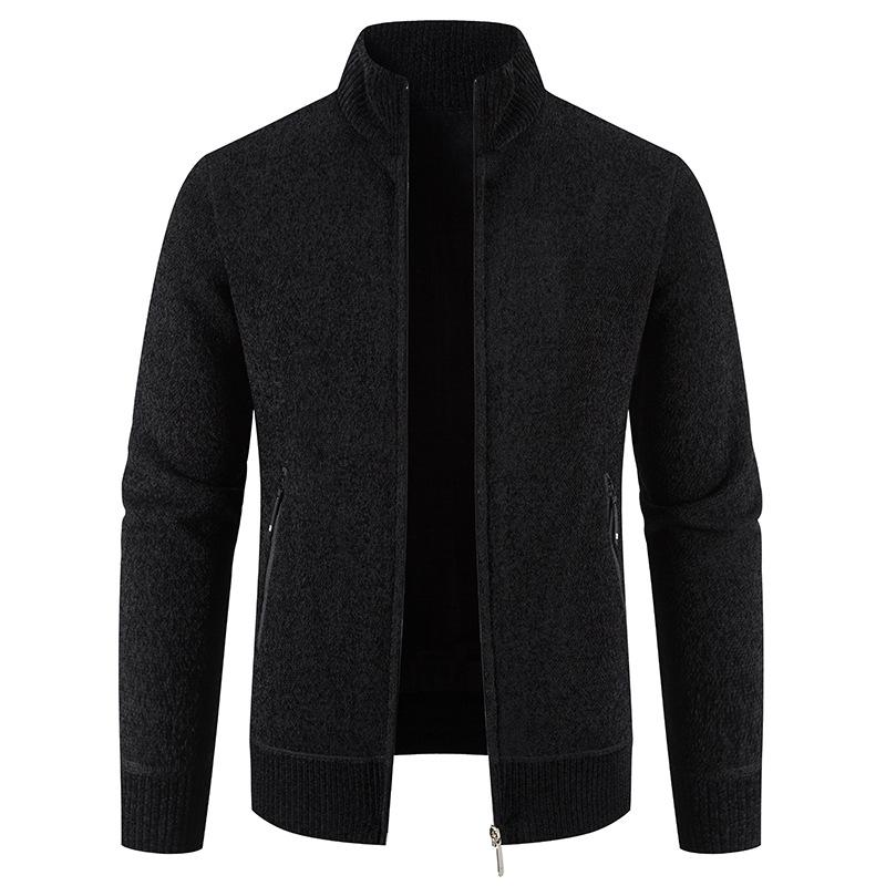 New Velvet Sweater Cardigan Men Stand Collar Mens Sweaters Fleece Thick Warm Knitted Sweater Coat Solid Zipper Pocket Cardigan
