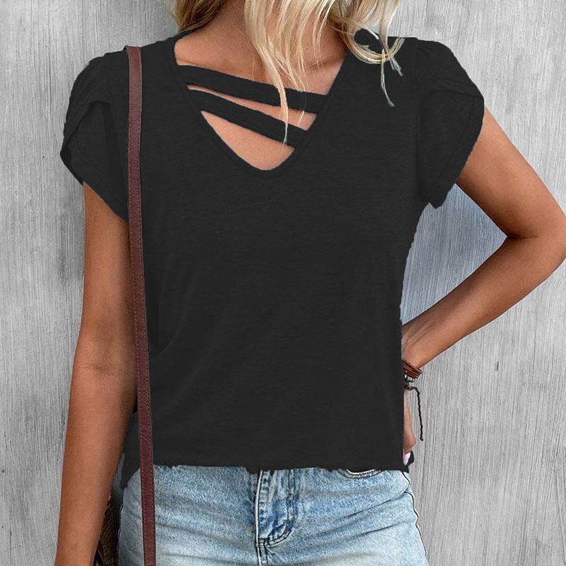 Dámské jednobarevné tričko s krátkým rukávem, výstřihem do V, vyhloubeným, top